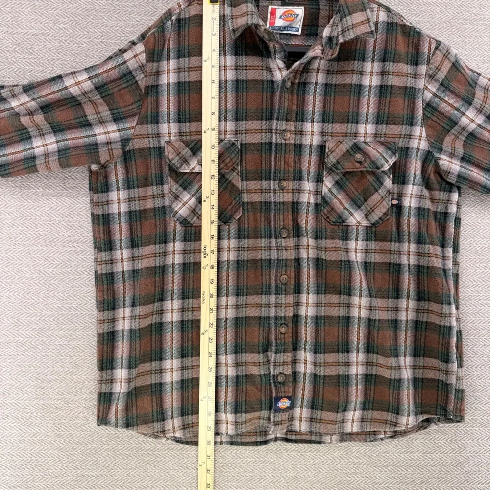 Dickies Mens 2XL Plaid Flannel Shirt Brown Green Long Sleeve Cotton Workwear
